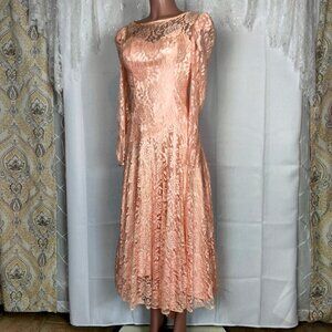 Vintage Lace Ruffle Dress Peach Hi low hemline size 7/8
